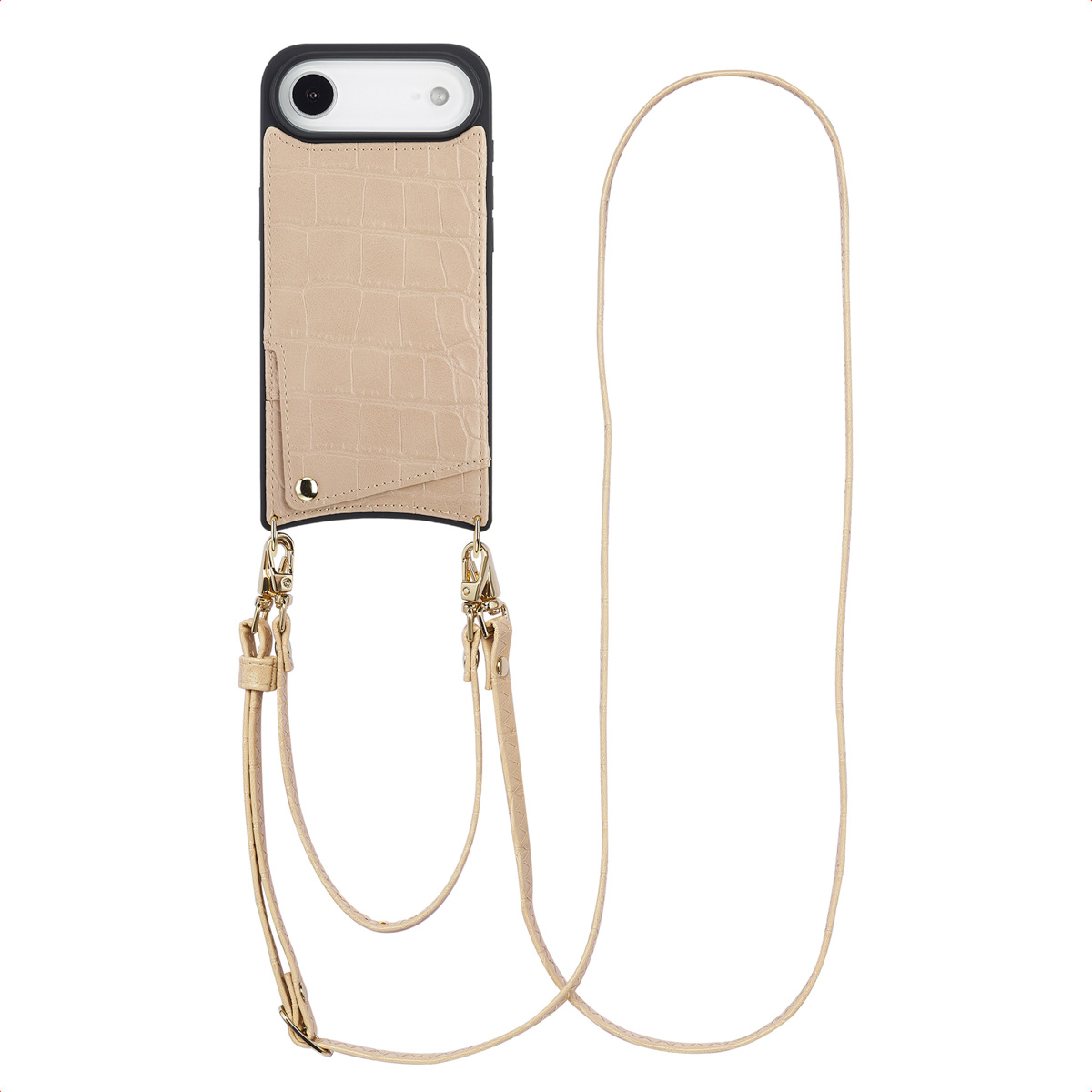 Une coque de téléphone avec une sangle. La coque est beige avec un motif crocodile. La sangle et les parties métalliques sont dorées.