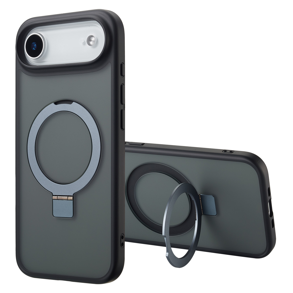 Twee telefoonhoesjes met een ringhouder. De hoesjes zijn zwart en grijs. Eén staat rechtop, de andere ligt plat.