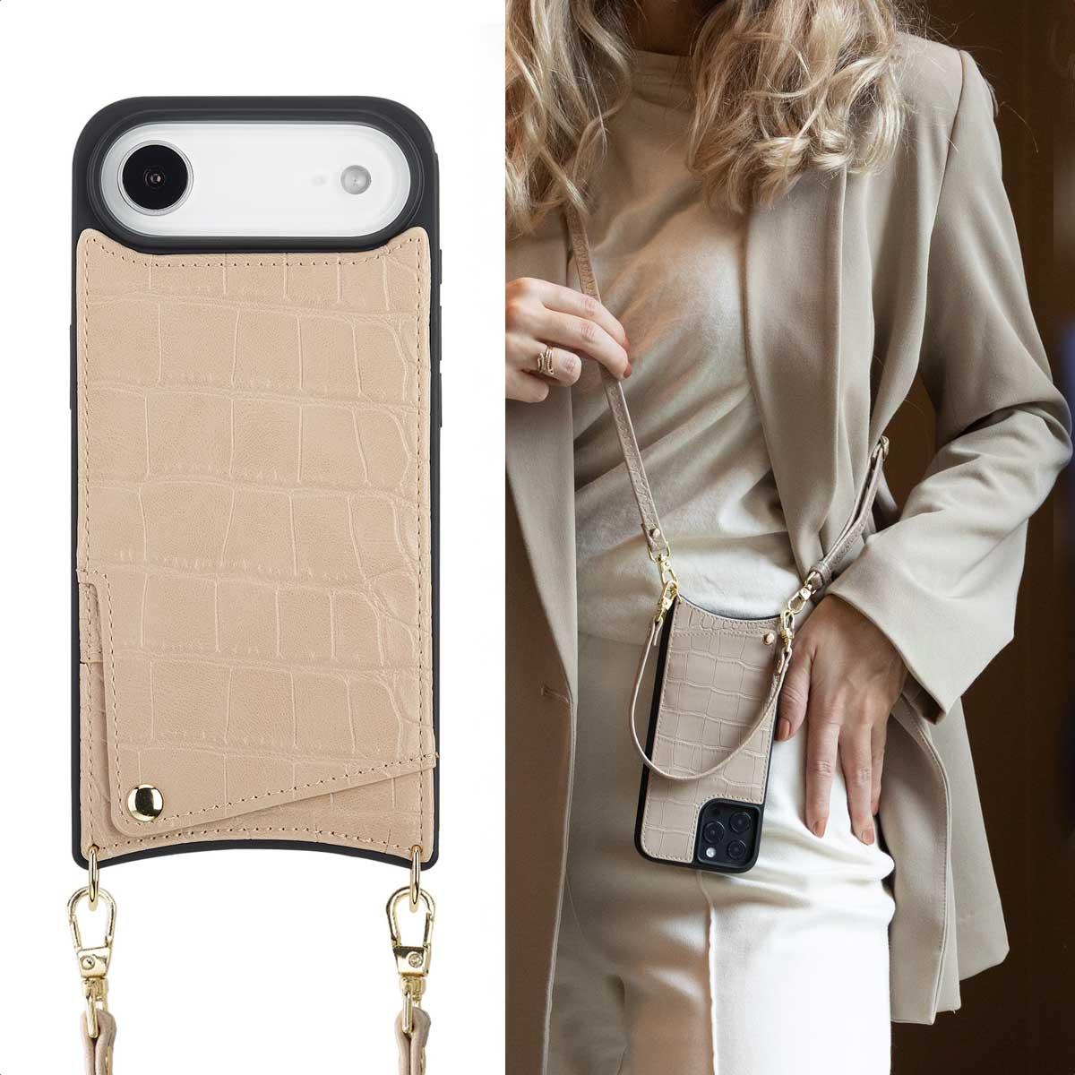 Une femme porte un étui de téléphone beige avec une sangle, le tenant. L'étui a un design texturé et est attaché à un téléphone noir.