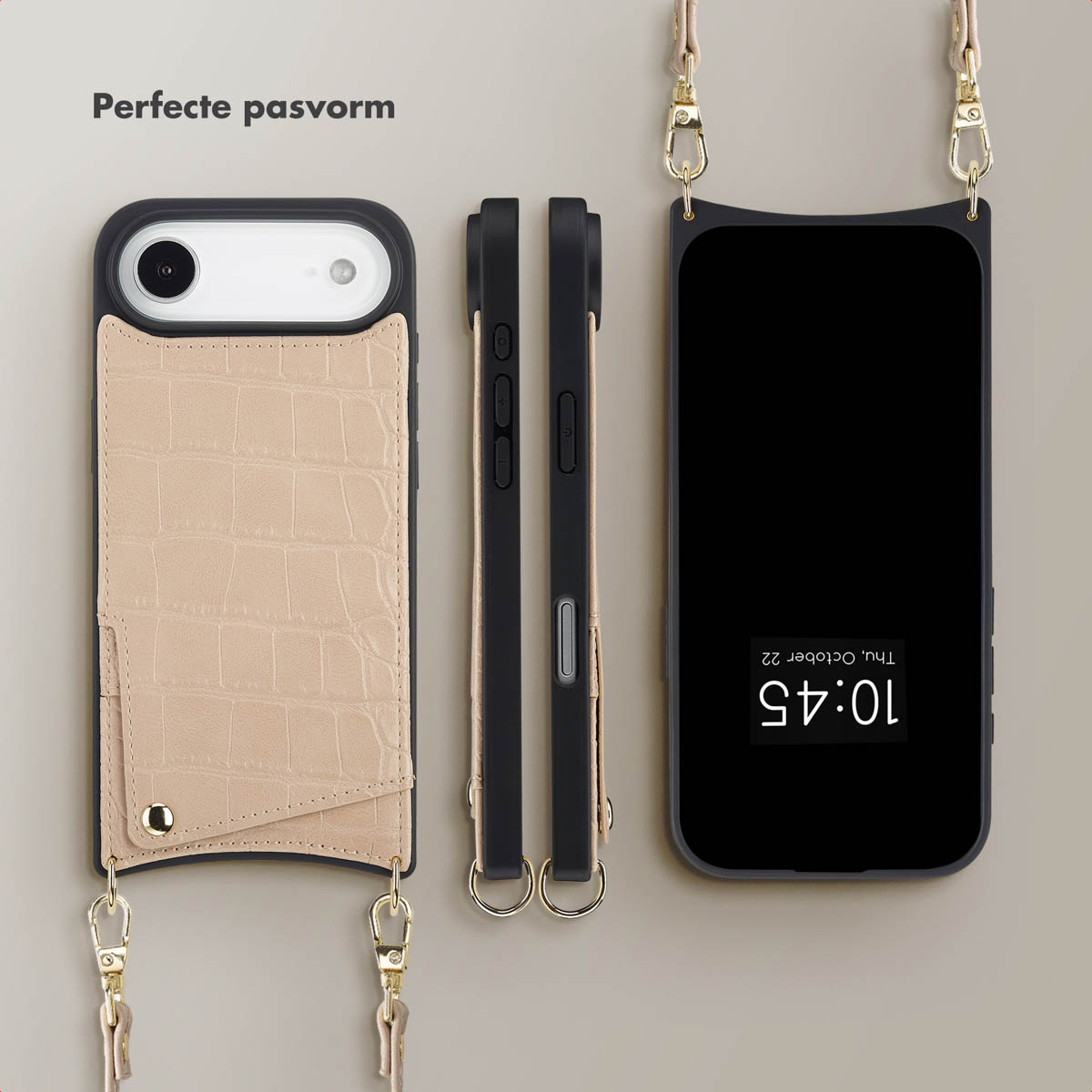 Un étui de téléphone avec une sangle. L'étui est noir avec une section texturée marron clair. Il affiche 10h45 à l'écran.