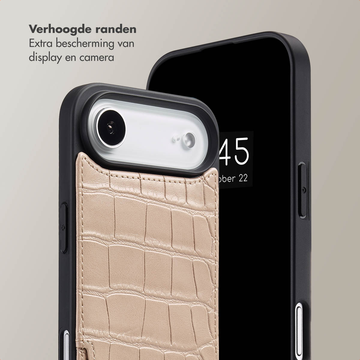 Un téléphone avec un étui noir et un portefeuille en cuir de crocodile marron clair. Un écran affiche le numéro 45. Le texte dit protection supplémentaire.