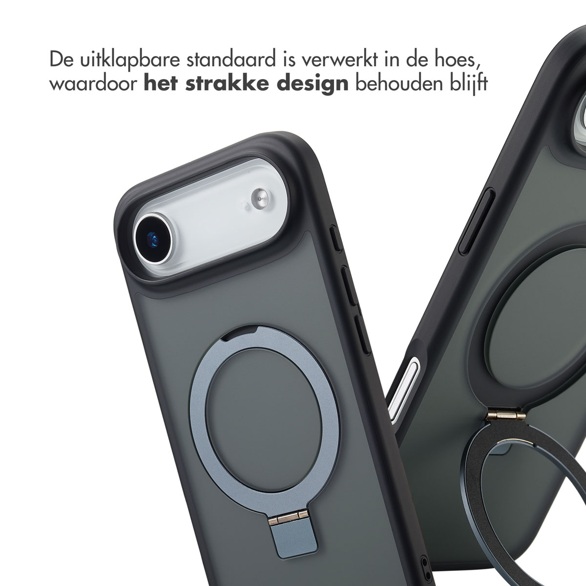 Close-up van twee telefoonhoesjes. Eén toont een ringstandaard, de andere staat erachter. Beide hebben een camera. De achtergrond is wit.