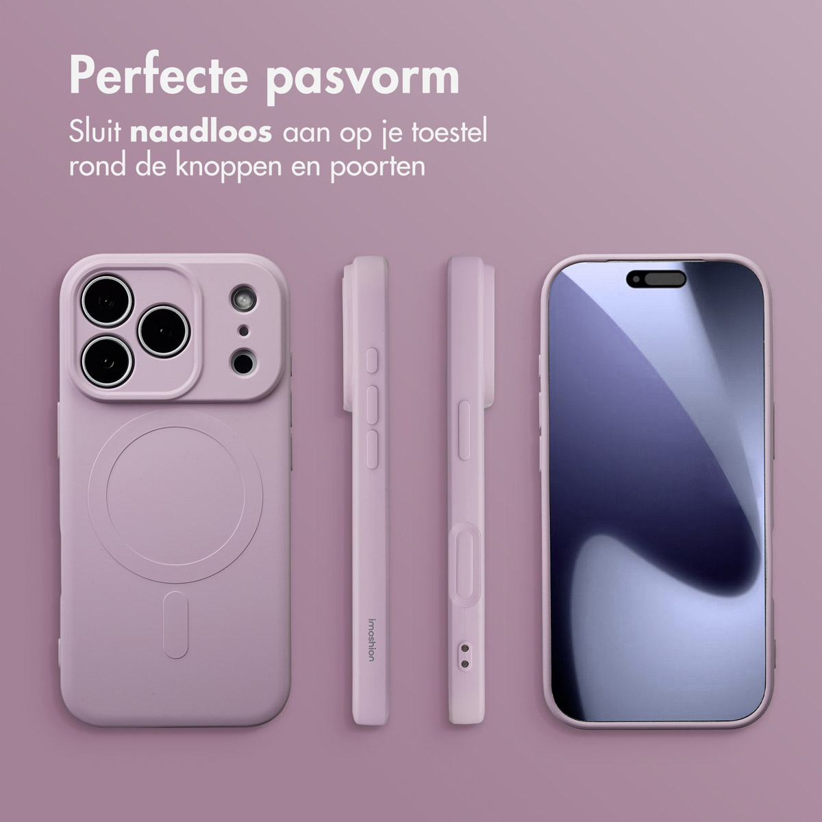 Afbeelding toont een telefoonhoesje en screenprotector set. De hoes en protector zijn lichtpaars. Tekst luidt 'Perfecte pasvorm'.