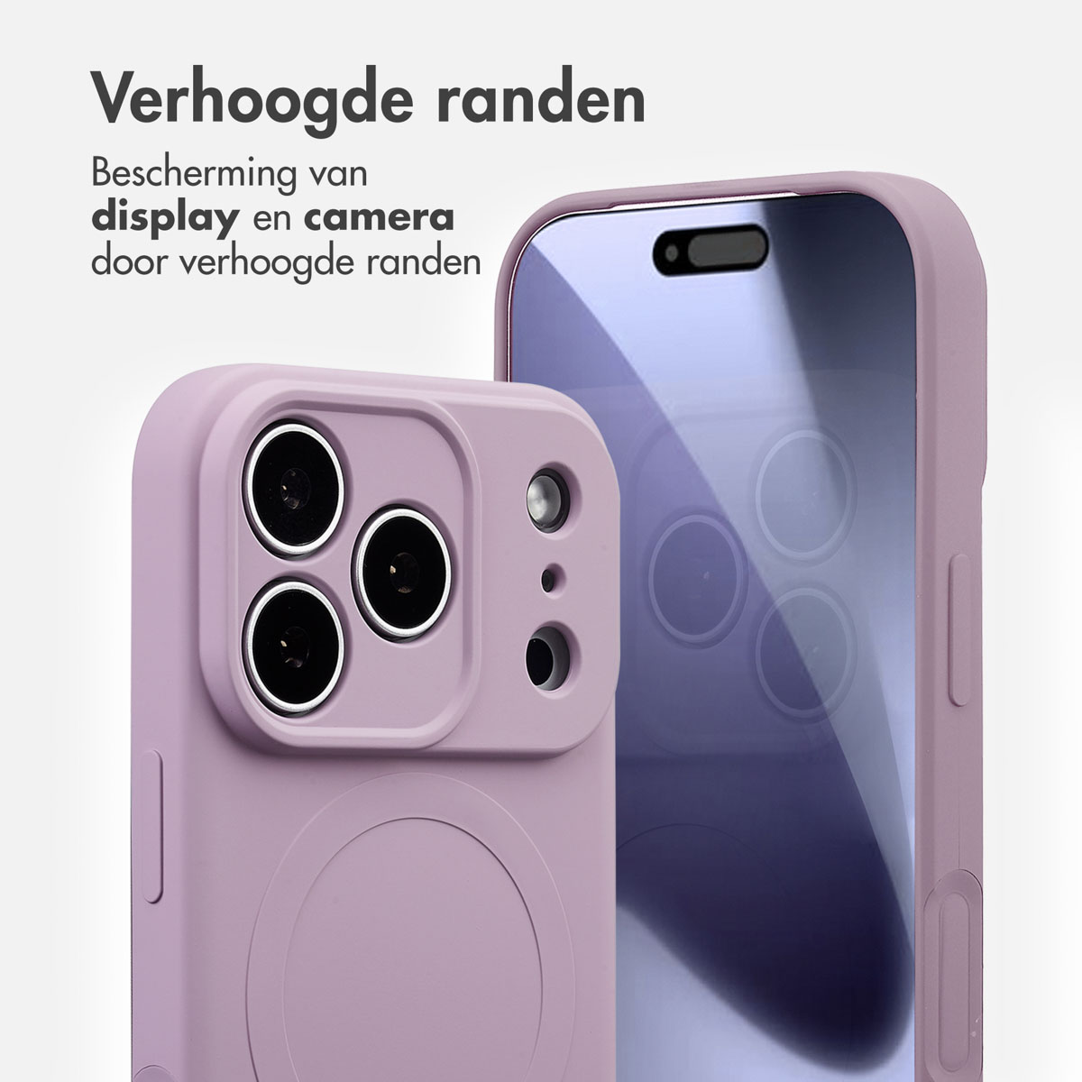 Twee lavendelkleurige telefoonhoesjes. Eén toont camera-uitsparingen, de andere het telefoonscherm. Tekst luidt: Verhoogde randen beschermen camera en display.