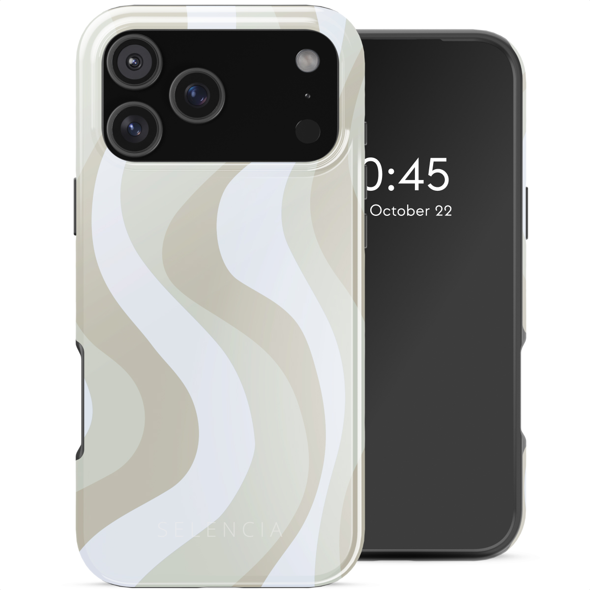 Een smartphone in een hoesje met golfpatroon. De telefoon toont de tijd 0:45 en de datum 22 oktober.