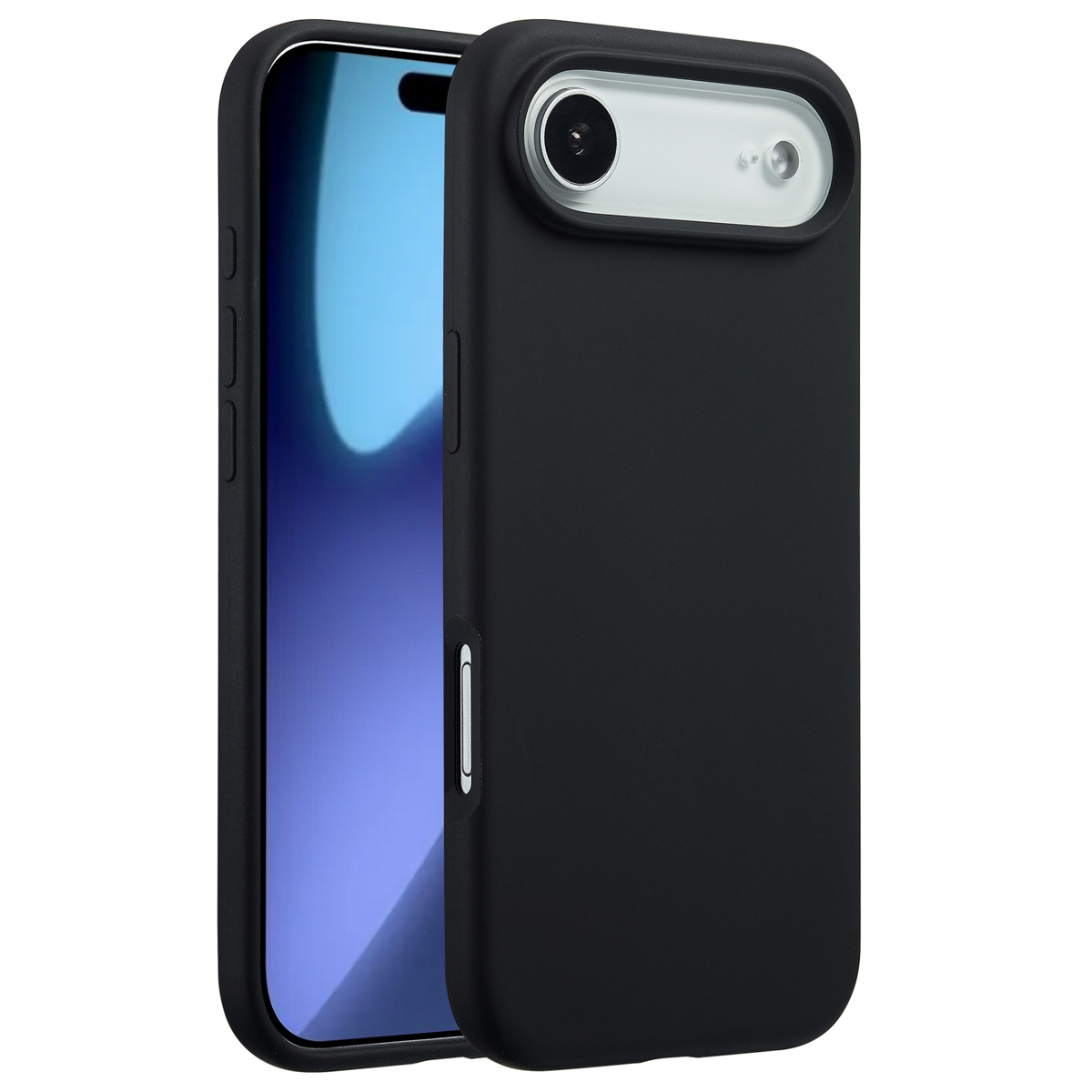 Een zwarte telefoonhoes ligt naast een telefoon met een blauw scherm. De hoes heeft een camera-uitsparing en knopafdekkingen.