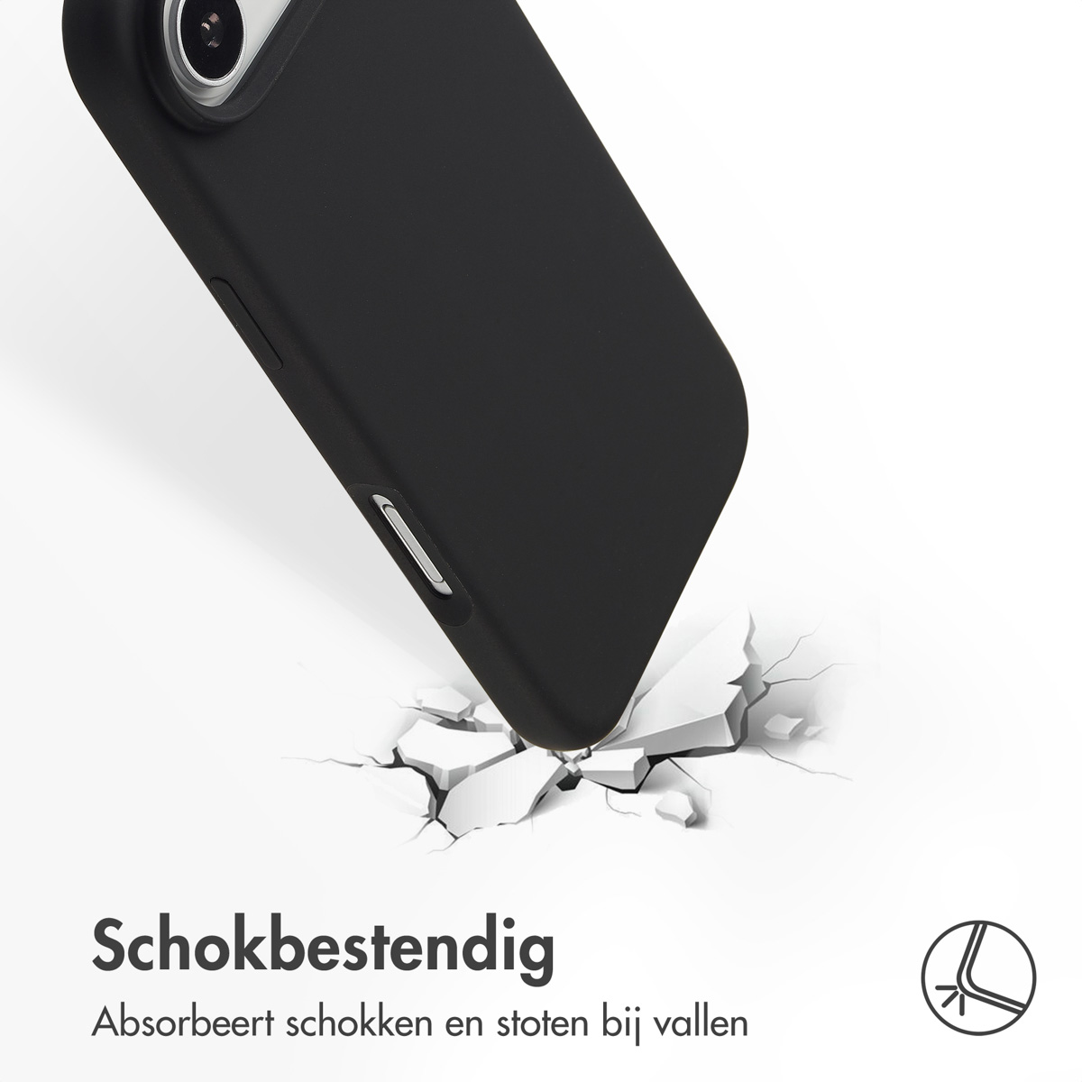 Een zwarte telefoonhoes valt en breekt de grond. Tekst: 'Schokbestendig' en 'Absorbeert schokken en stoten bij vallen'.