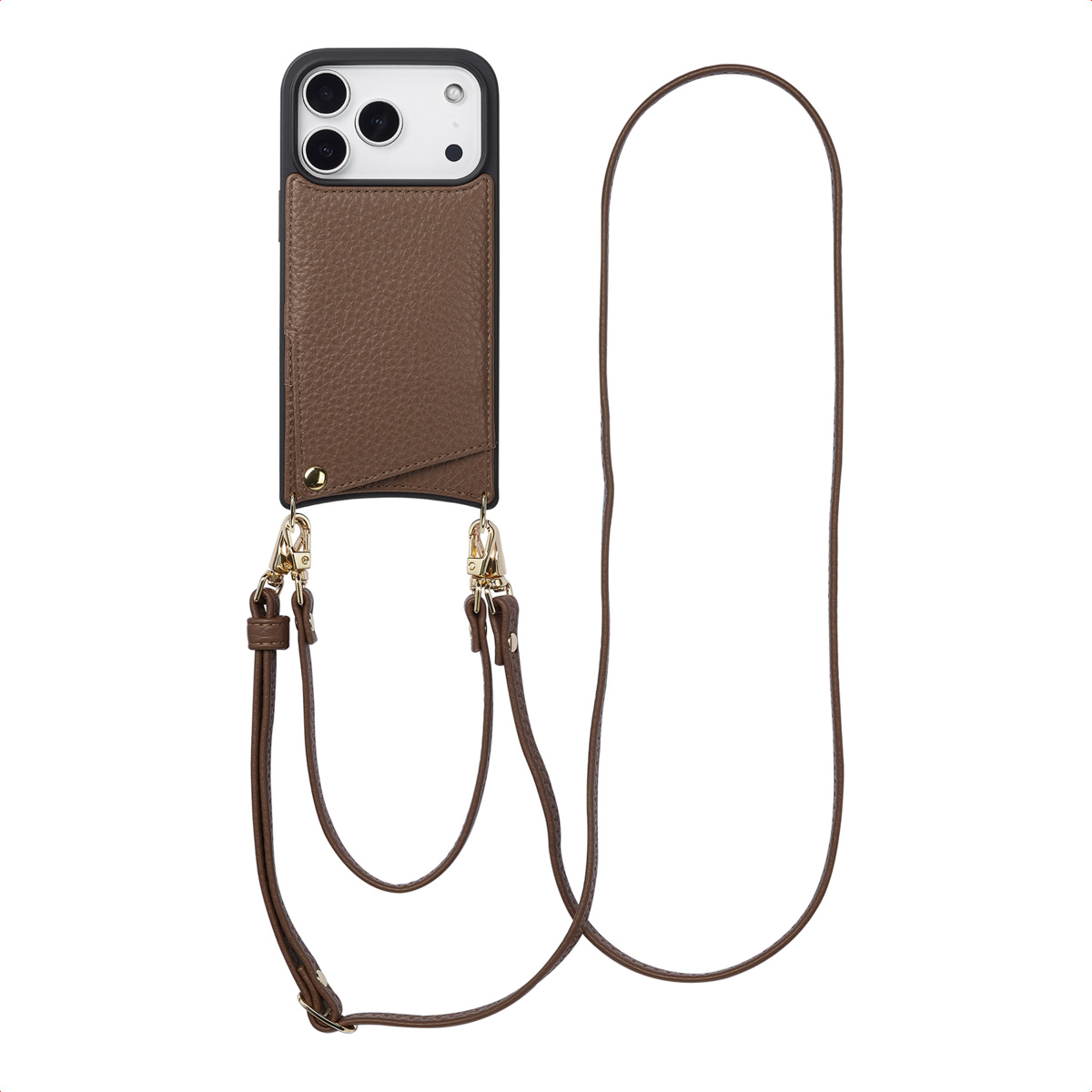 Bruinleren telefoonhoesje met een riem. De hoes is met goudkleurige clips aan de riem bevestigd.