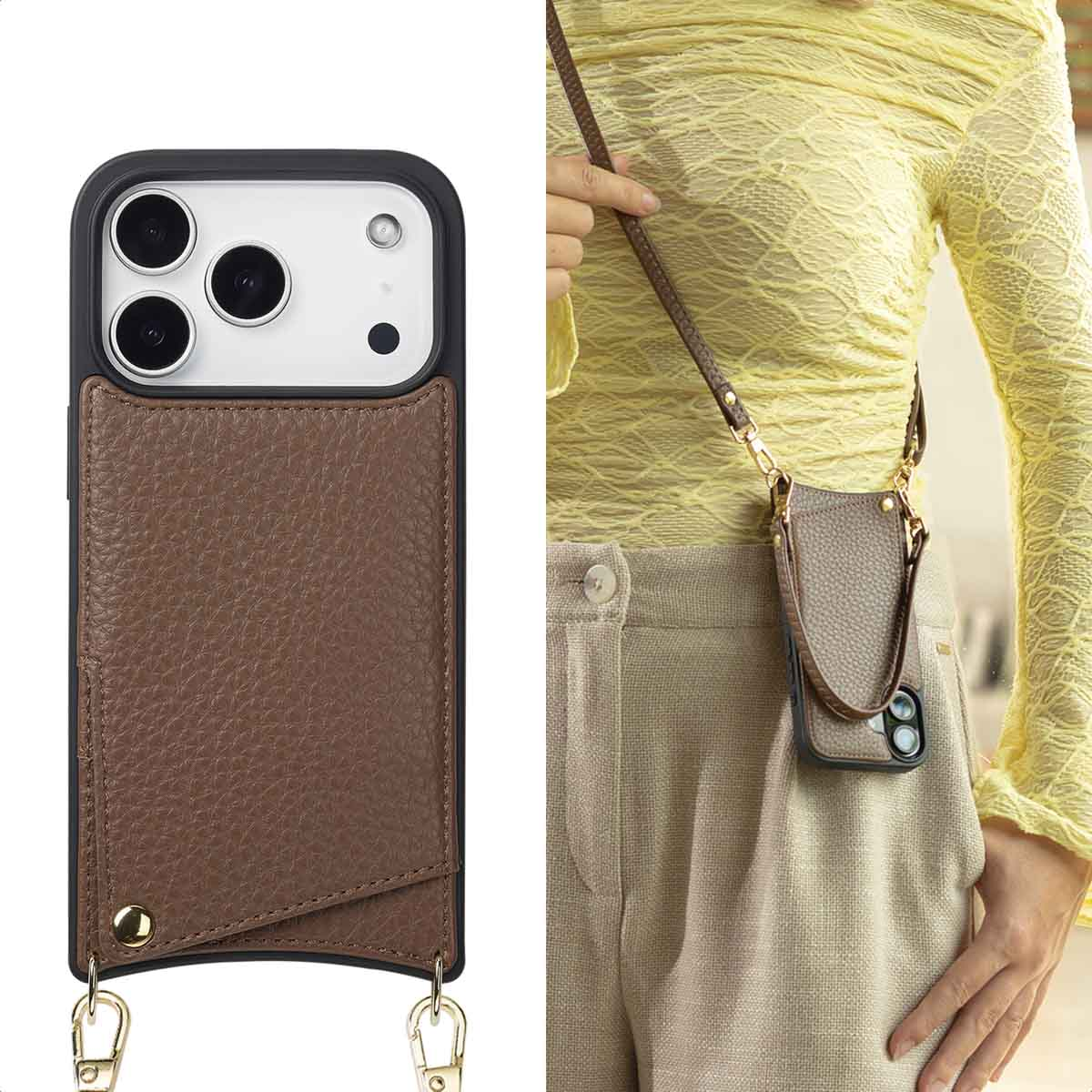 Een bruine leren telefoonhoes met een riem. Een persoon draagt hem om de nek. De persoon draagt een gele top en een beige broek.