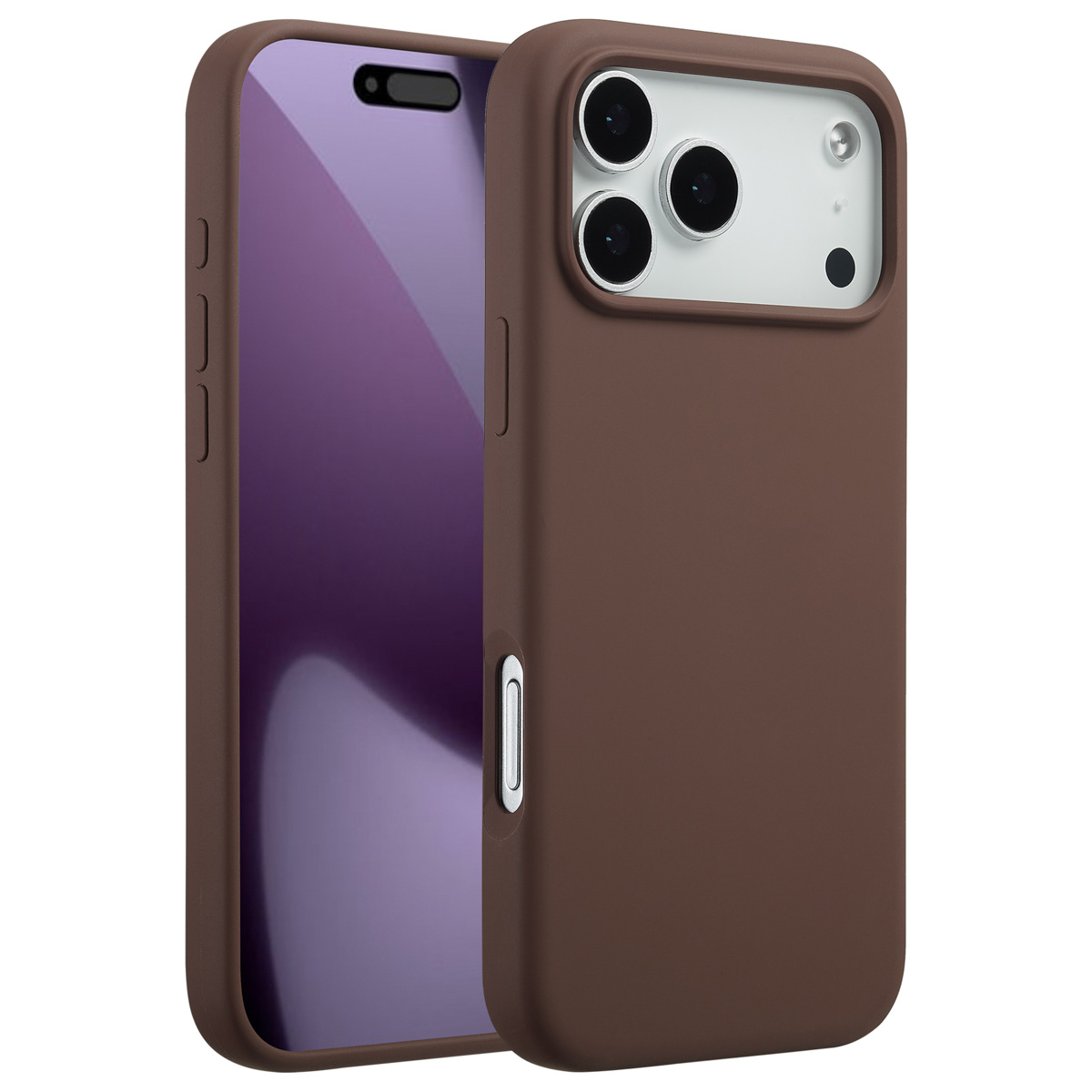 Een bruine telefoonhoes met een telefoon erin. Het scherm van de telefoon is paars. De hoes heeft uitsparingen voor de camera en knoppen.
