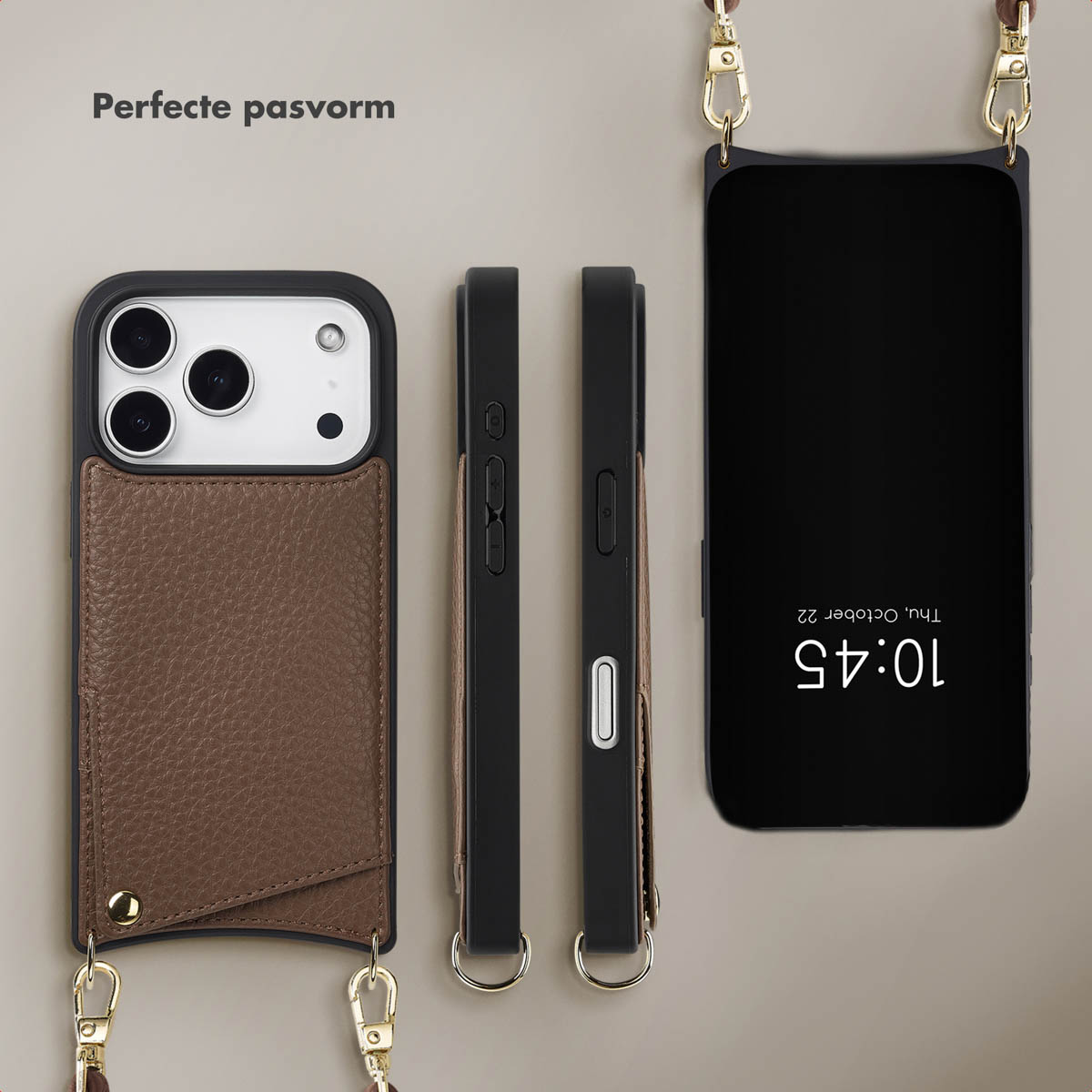 Afbeelding toont een telefoonhoesje met een leren zak. De telefoon is zwart en geeft de tijd weer. Hoesjes zijn zwart. Hoesje heeft een riem.