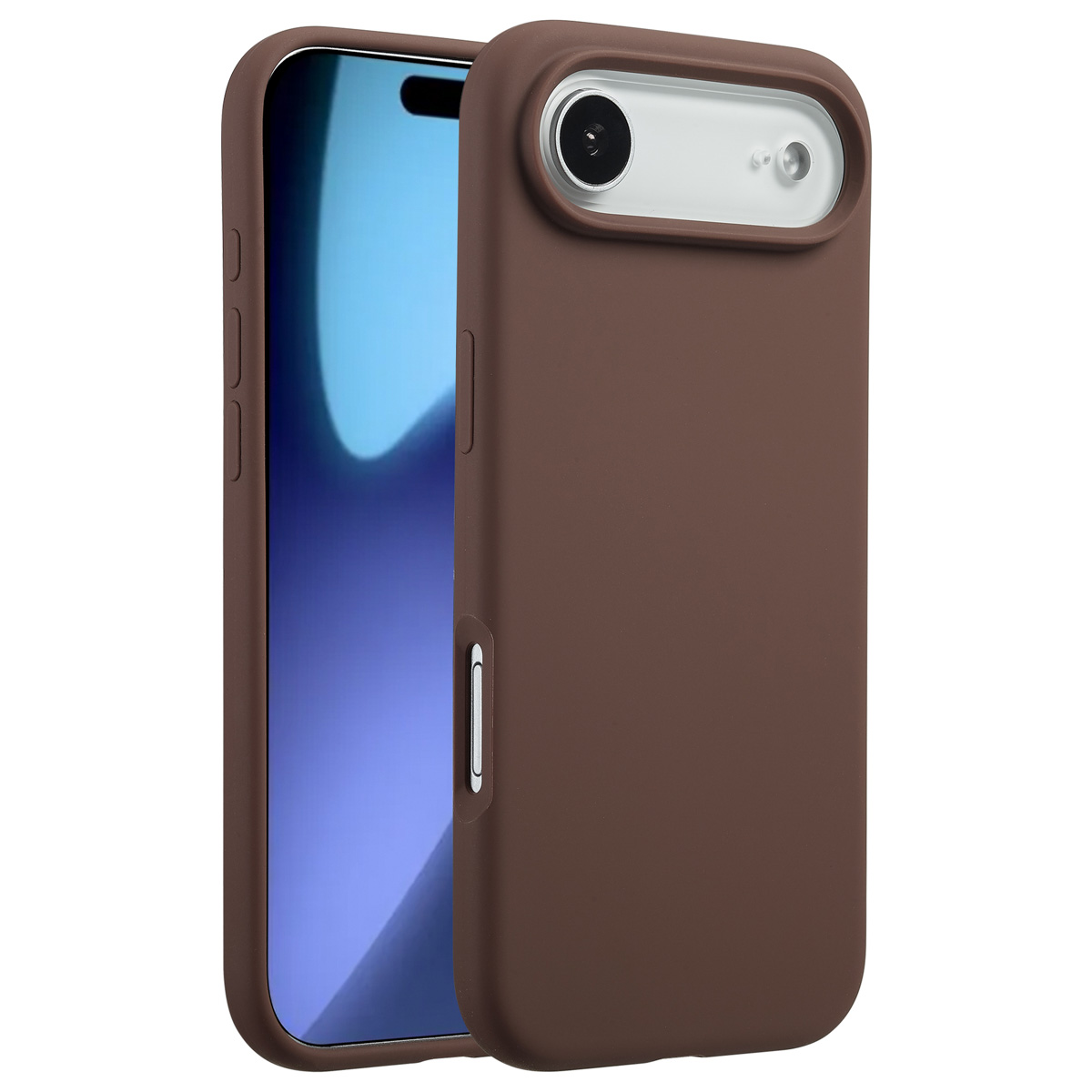 Een bruine telefoonhoes met een telefoon erin. De telefoon is zwart en toont een blauw en wit scherm. De hoes heeft een uitsparing voor de camera.