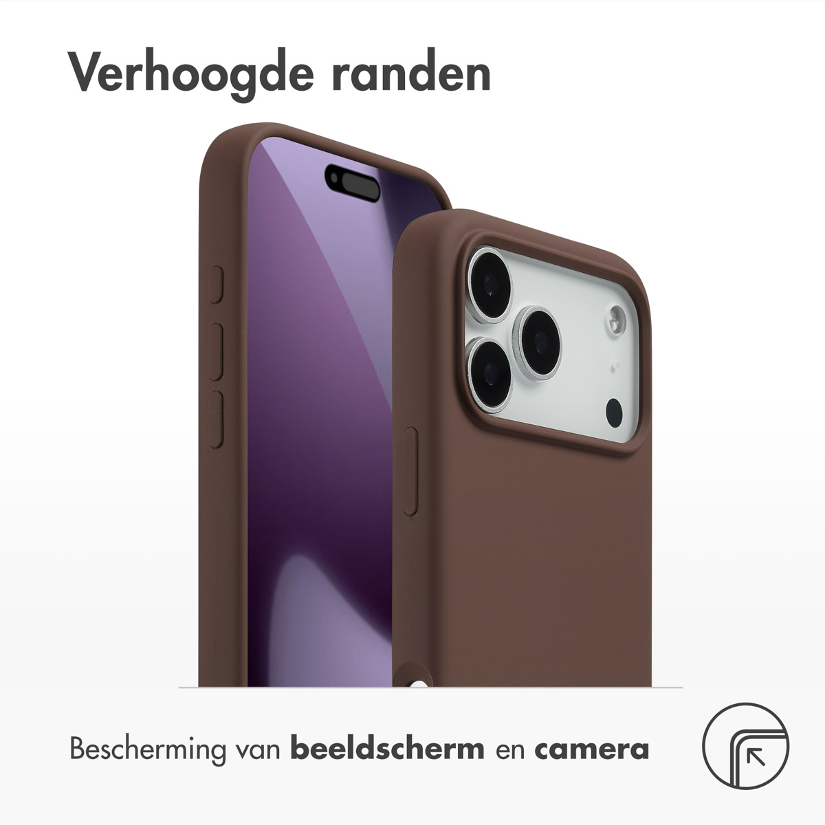Twee bruine telefoonhoesjes met een paars scherm. Bovenstaande tekst luidt 'Verhoogde randen'. Onderstaande tekst luidt 'Scherm- en camerabescherming'.