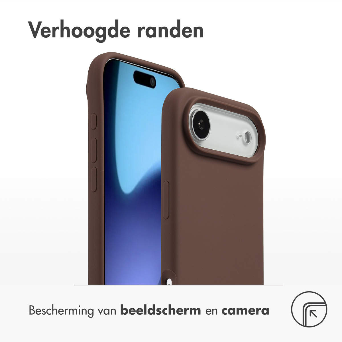 Twee bruine telefoonhoesjes beschermen een telefoon. De tekst luidt 'Verhoogde randen' en 'Bescherming van beeldscherm en camera'.