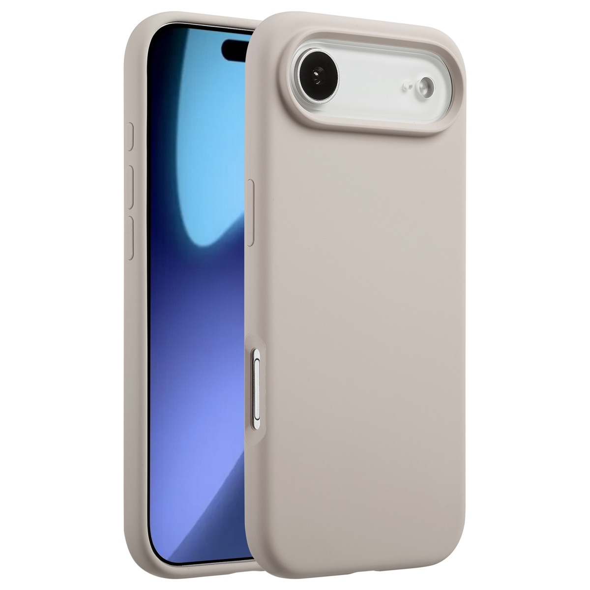 Een lichtgrijze telefoonhoes met een telefoon erin. Het scherm van de telefoon is blauw. De hoes heeft uitsparingen voor camera en knoppen.