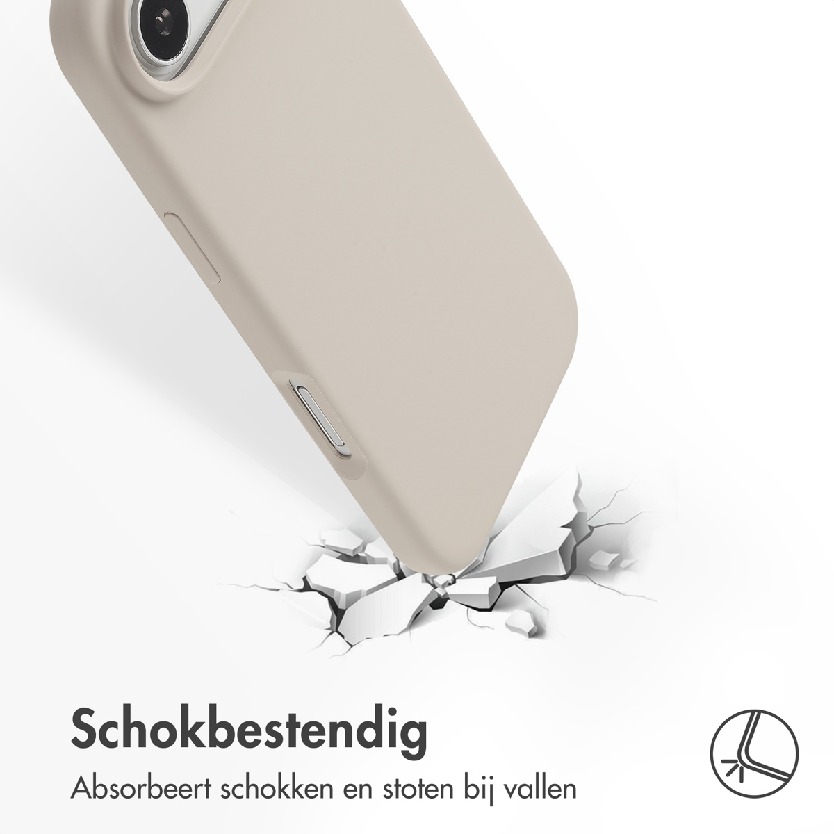 Een beige telefoonhoes raakt een oppervlak en breekt het. De tekst luidt 'Schokbestendig' en 'Absorbeert schokken en stoten bij vallen'.
