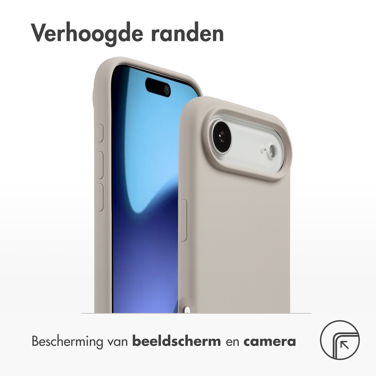 Twee beige telefoonhoesjes rond een telefoon met blauw scherm. Tekst: Verhoogde randen, bescherming van scherm en camera. Een hoeksymbool.
