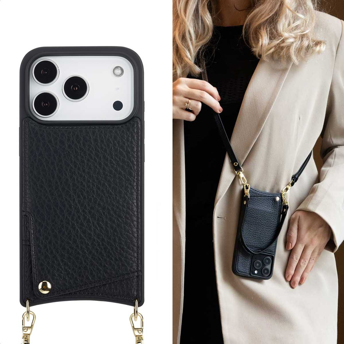 Een vrouw houdt een zwarte telefoonhoes met een riem vast. De hoes is van leer met goudkleurige hardware. De vrouw draagt een beige jas.
