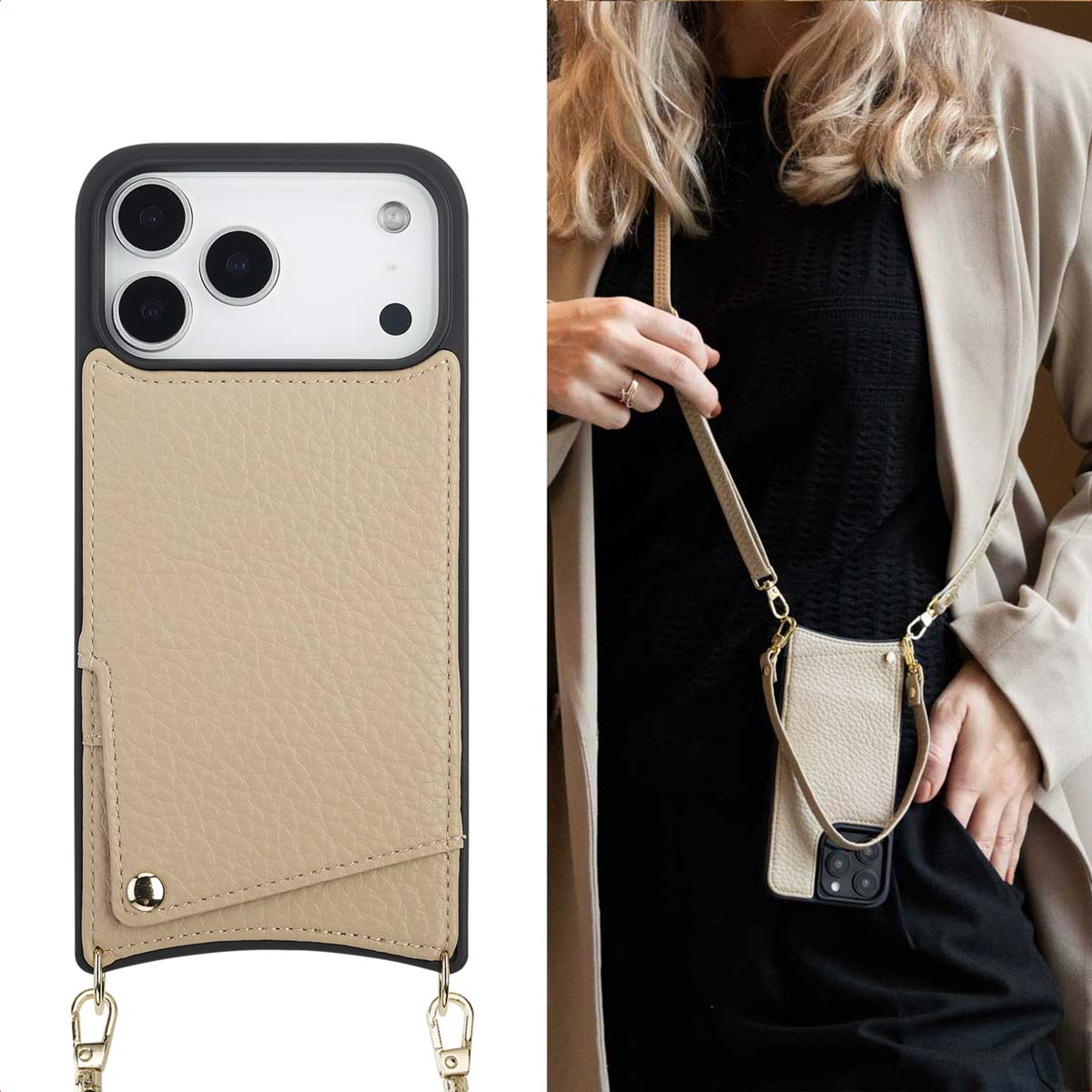 Een telefoonhoesje met een riem wordt getoond. De hoes is beige met een zwarte rand. Een vrouw houdt een vergelijkbare hoes vast.