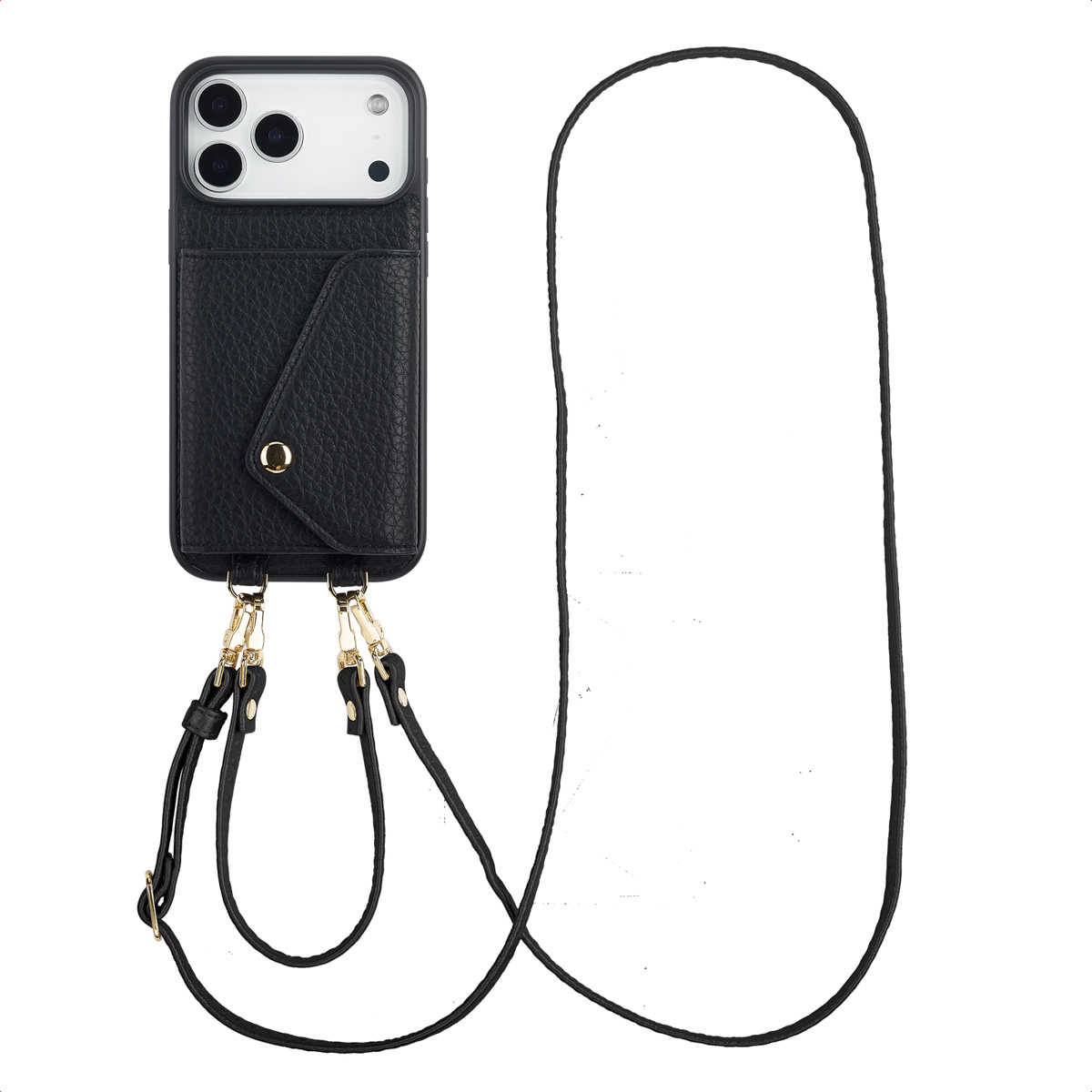 Coque de téléphone noire avec une sangle. L'étui a une poche et une quincaillerie dorée. La sangle est noire et longue.