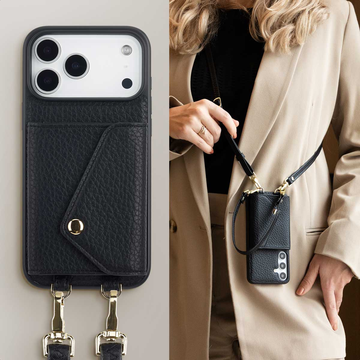 Étui de téléphone en cuir noir avec sangle. Une personne porte l'étui comme un collier. L'étui est à gauche.