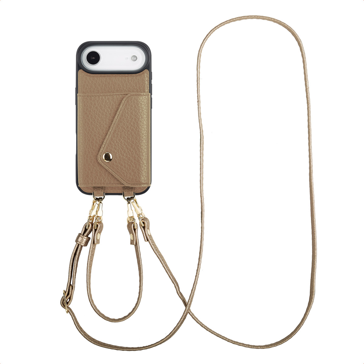 Een bruinleren telefoonhoesje met een kaartsleuf en goudkleurige hardware, bevestigd aan een lange riem.