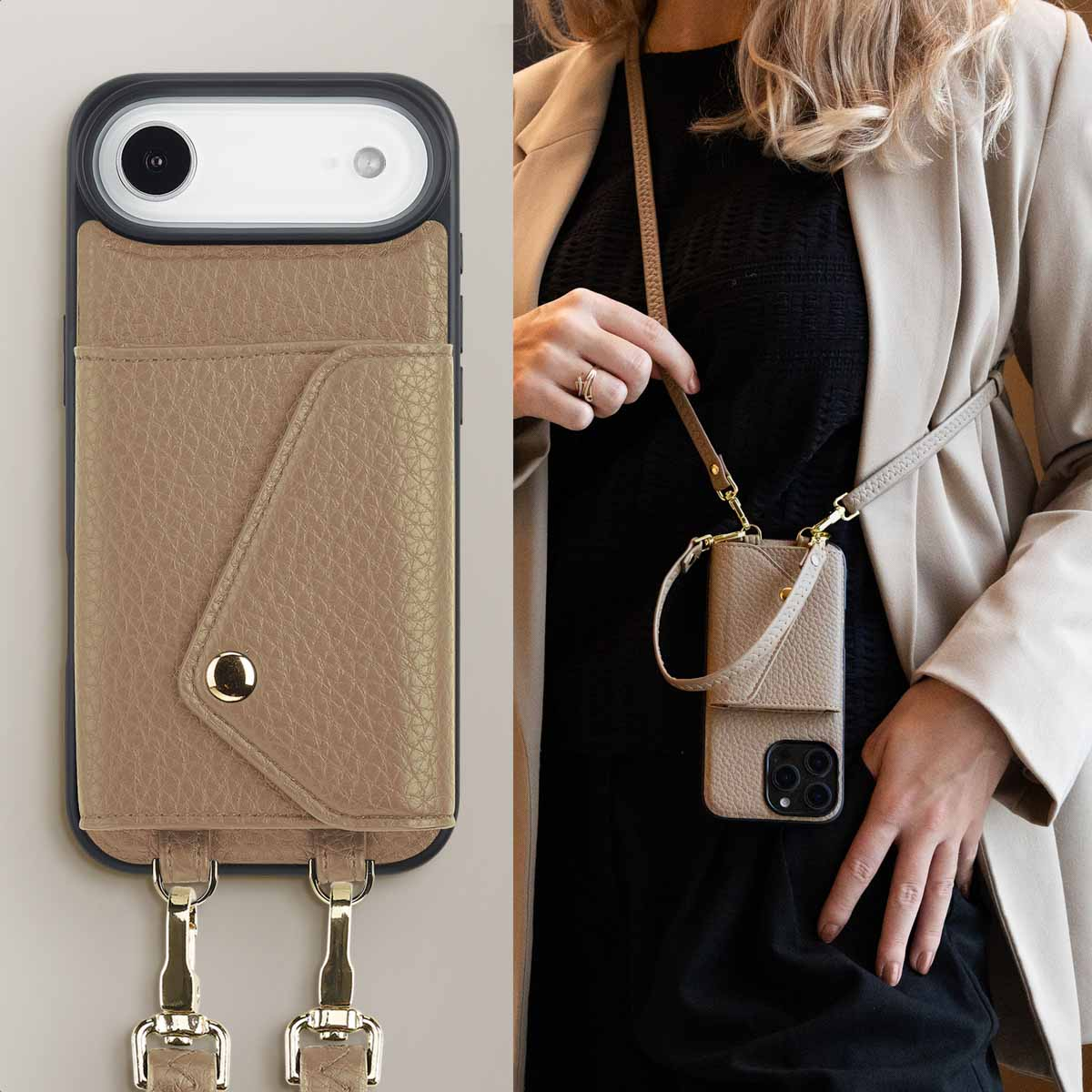 Een vrouw draagt een beige telefoonhoesje met een schouderriem. De hoes is bevestigd aan een zwarte telefoon. De vrouw draagt een blazer.