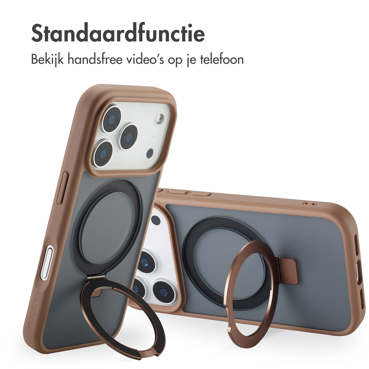 Zwei Handyhüllen mit Ringhaltern. Eine steht aufrecht, die andere liegt auf der Seite. Beide sind braun und grau. Weißer Hintergrund.