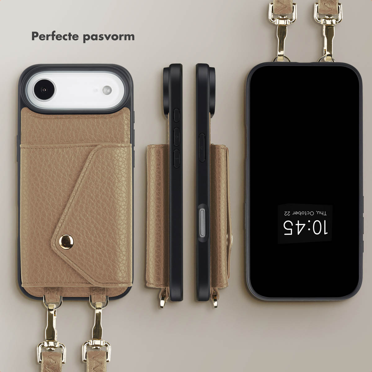 Drie smartphones in hoesjes met bandjes. Eén toont de tijd 10:45. Hoesjes zijn zwart en bruin. Achtergrond is lichtgrijs.