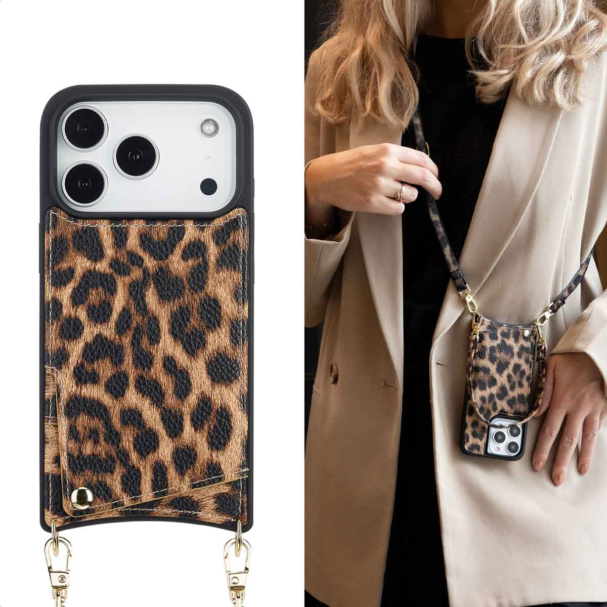 Een vrouw houdt een telefoonhoesje vast met een luipaardprint. De hoes heeft een schouderriem en een portemonnee. De vrouw draagt een beige jas.