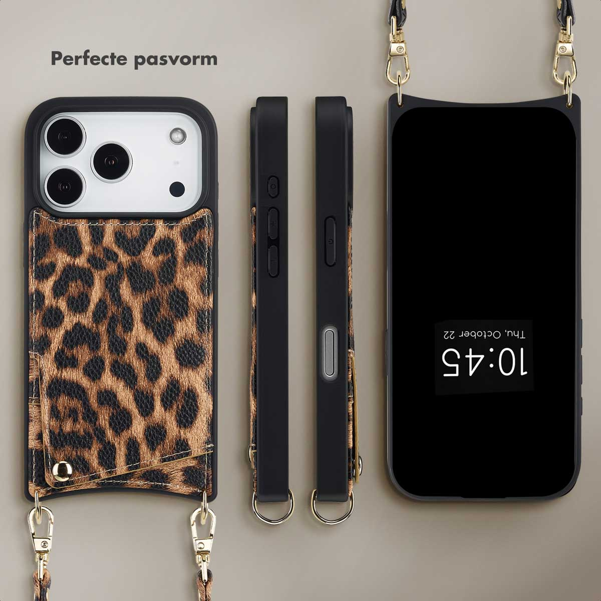 Drie zwarte telefoonhoesjes met luipaardprint en een zwarte telefoon met de tijd. Hoesjes hebben gouden hardware en riemen.