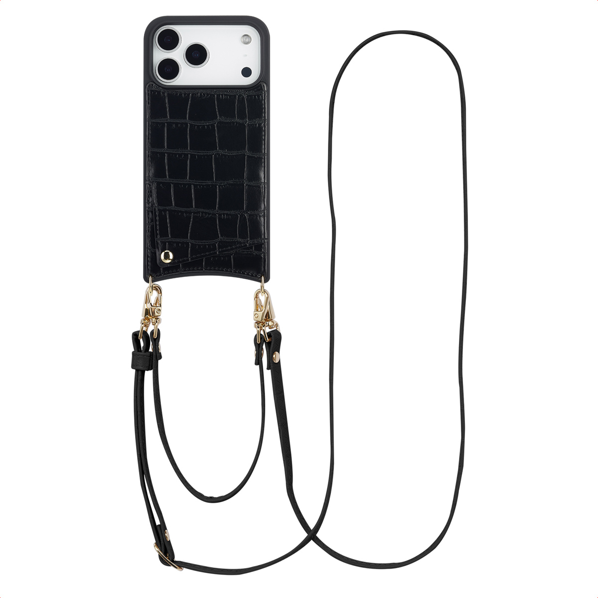 Coque de téléphone noire avec une sangle. L'étui a une texture crocodile et des fermoirs dorés. Une longue sangle noire est attachée.