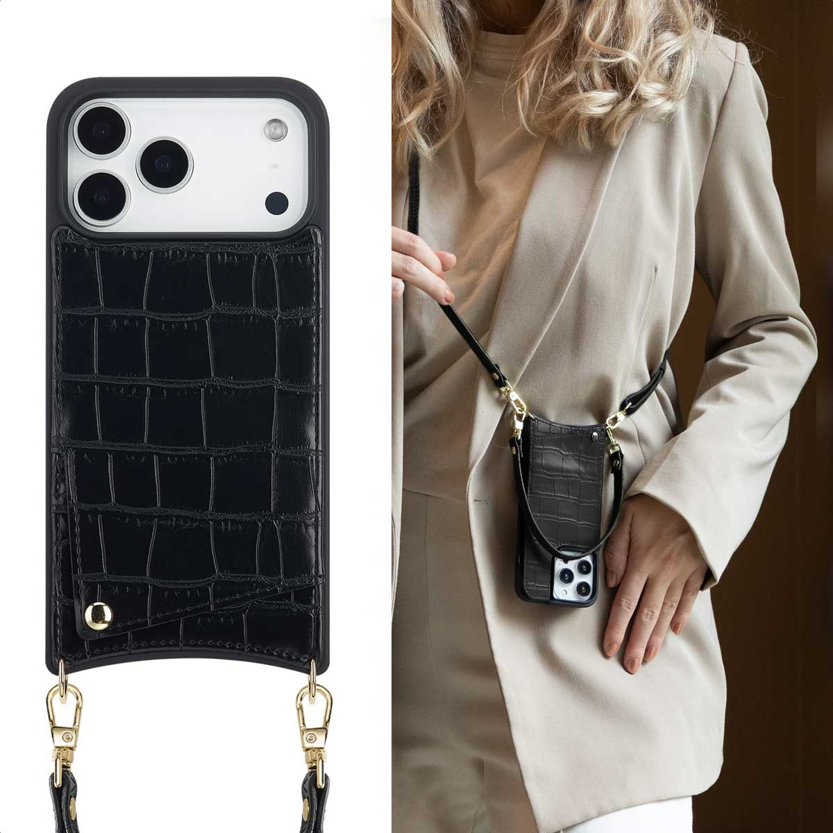 Une coque de téléphone noire avec un motif crocodile et des accessoires dorés, portée par une personne en blazer beige.