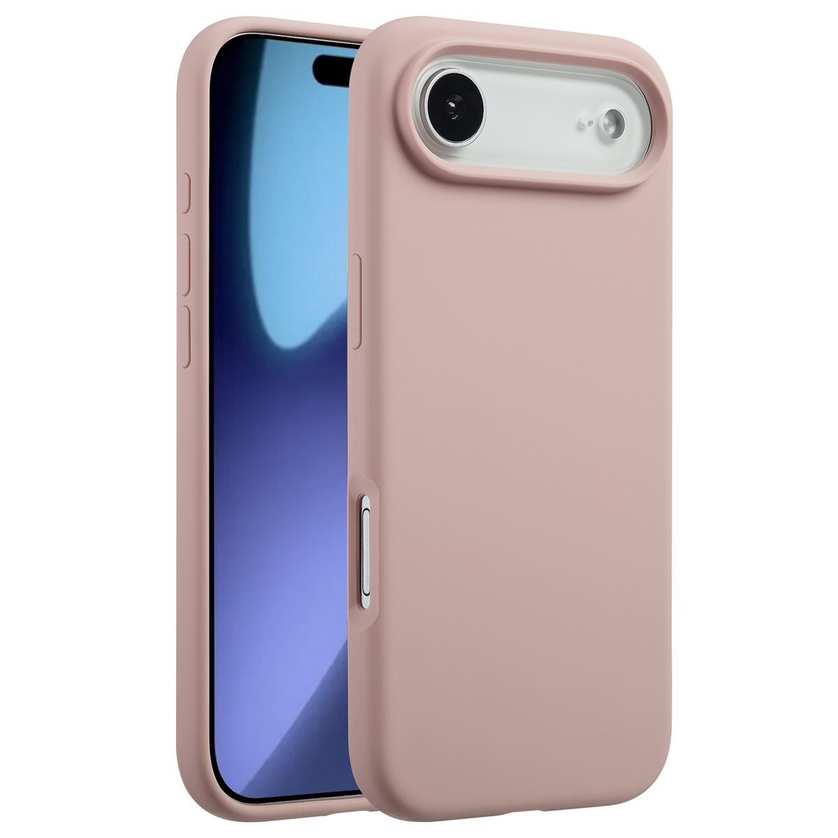 Een roze telefoonhoes bedekt gedeeltelijk een telefoon. Het scherm van de telefoon is zichtbaar en de hoes heeft camera-uitsparingen.