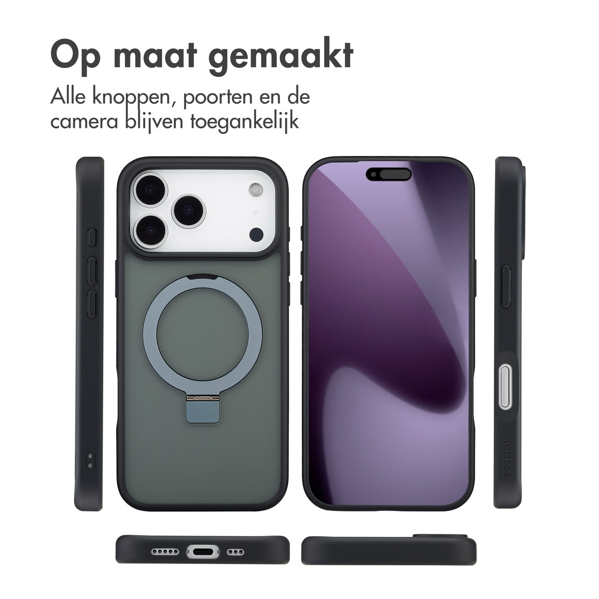 L'image montre des étuis et des protecteurs d'écran. Il y a un étui avec un support de bague et un autre protecteur d'écran.