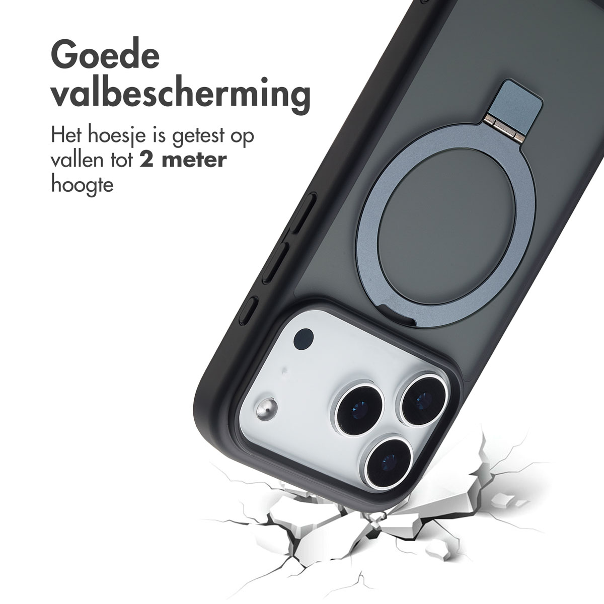 Un étui de téléphone avec un support en anneau est montré, légèrement incliné, avec du texte sur la protection contre les chutes jusqu'à 2 mètres. Fond blanc.