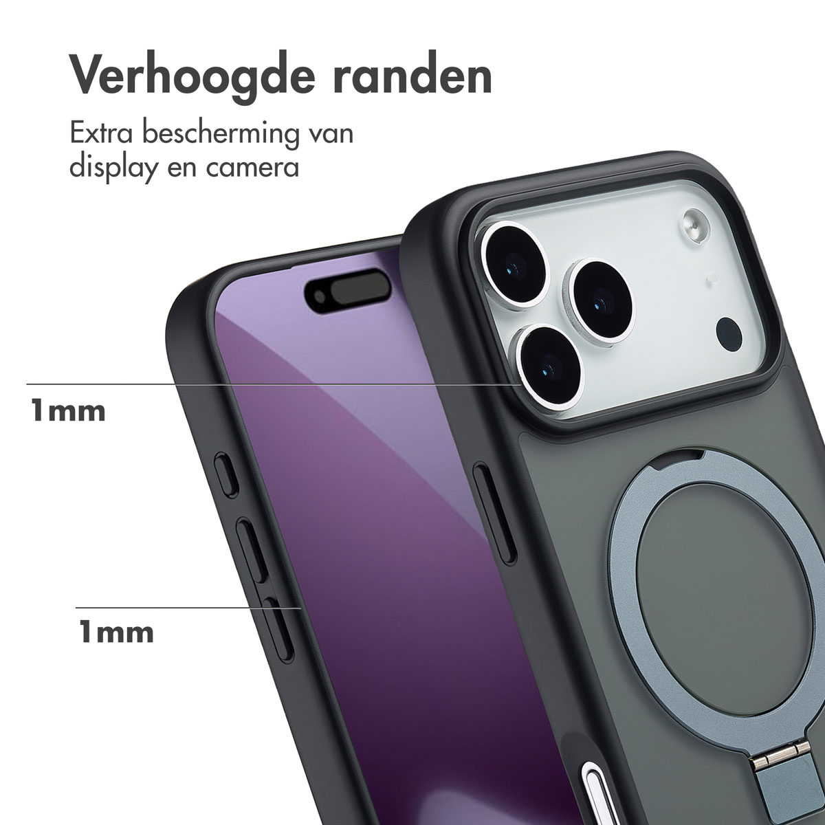 Gros plan d'une coque de téléphone avec un téléphone à l'intérieur. L'étui est noir et gris avec un support d'anneau. L'écran du téléphone est violet.