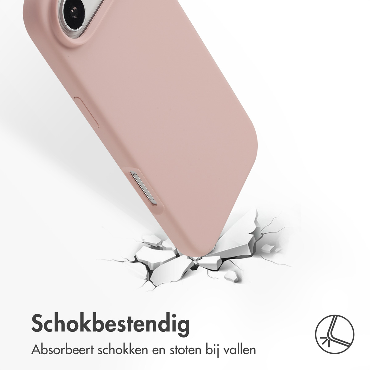 Een roze telefoonhoes die op een oppervlak valt, waardoor het barst. De hoes staat schuin. Tekst: 'Schokbestendig'.