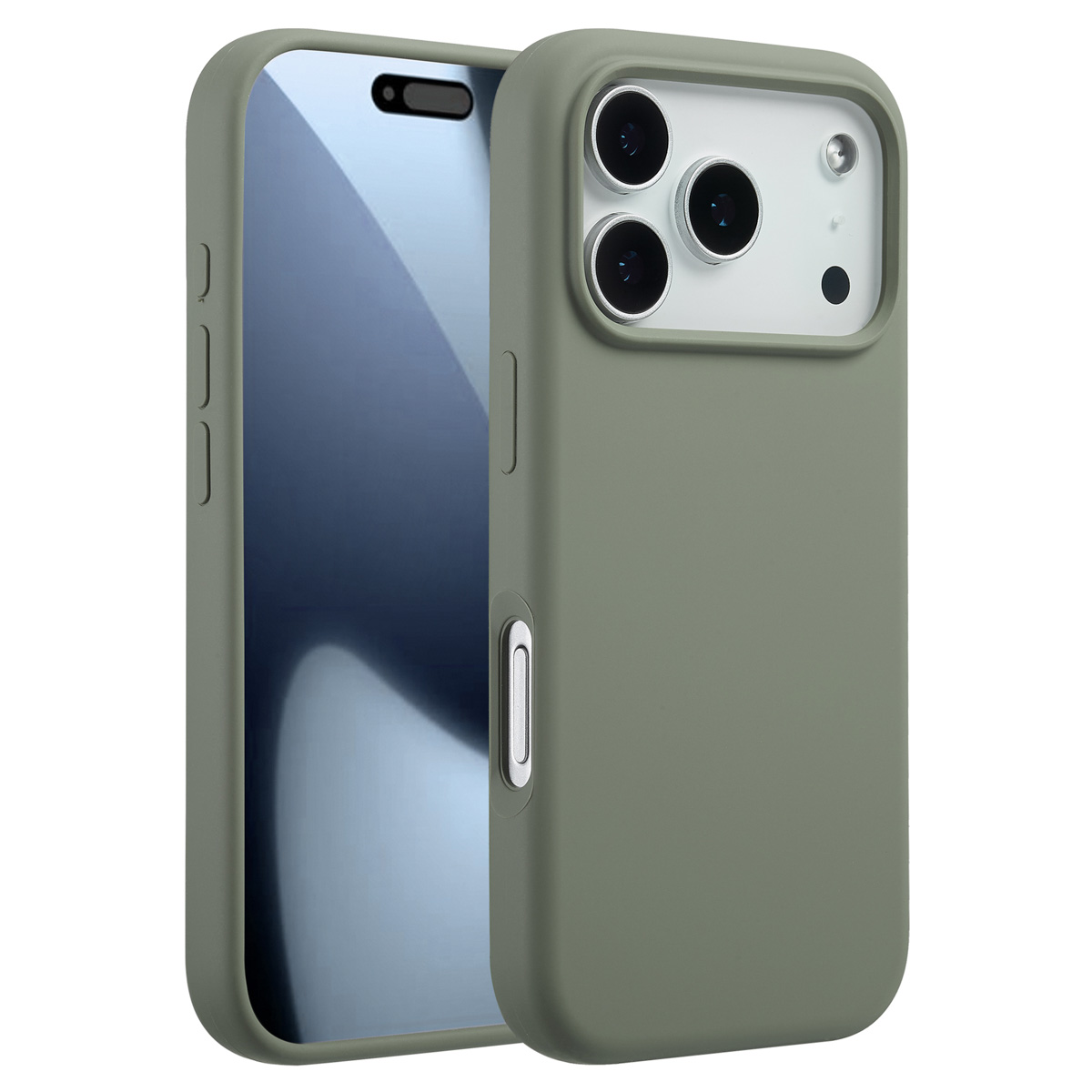 Een groene telefoonhoes met een telefoon erin. De hoes heeft een uitsparing voor de camera en knoppen. Het telefoonscherm is zichtbaar.