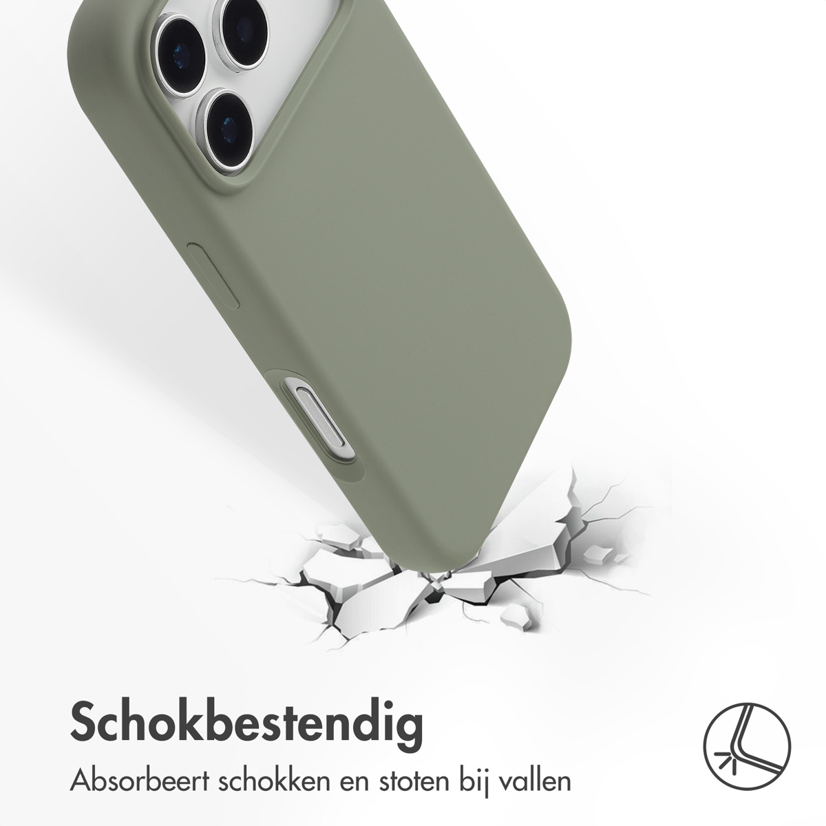 Een olijfgroene telefoonhoes barst een oppervlak. De cameralenzen van de telefoon zijn zichtbaar. Tekst: 'Schokbestendig'.