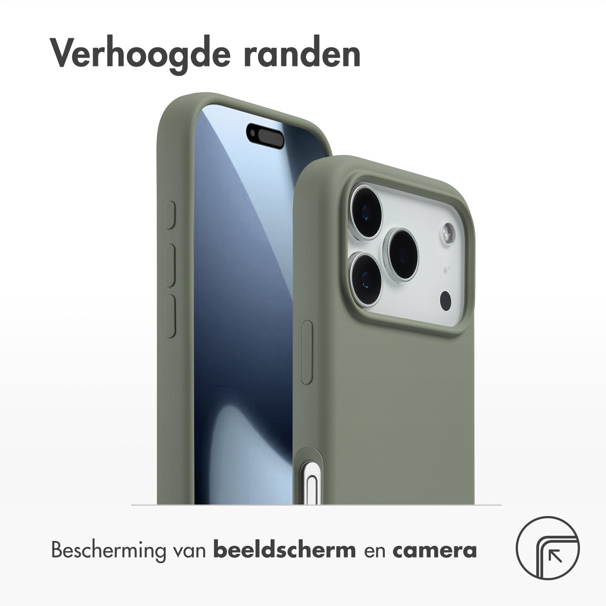 Twee olijfgroene telefoonhoesjes, één met scherm, tonen verhoogde randen. Tekst: Bescherming voor scherm en camera. Witte achtergrond.