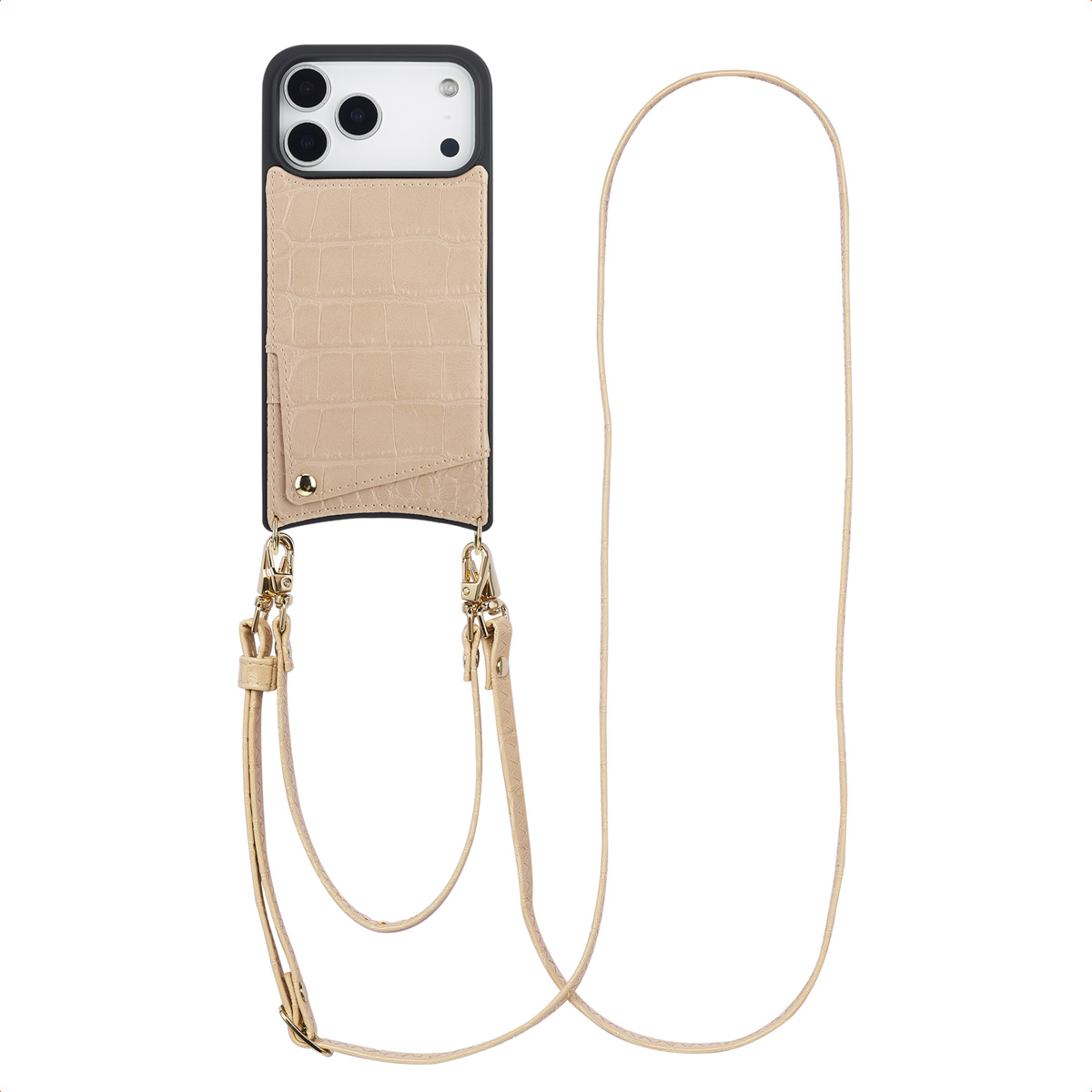 Een telefoonhoesje met een bandje. De hoes is beige met een krokodillenpatroon. De band is beige en heeft goudkleurige hardware.