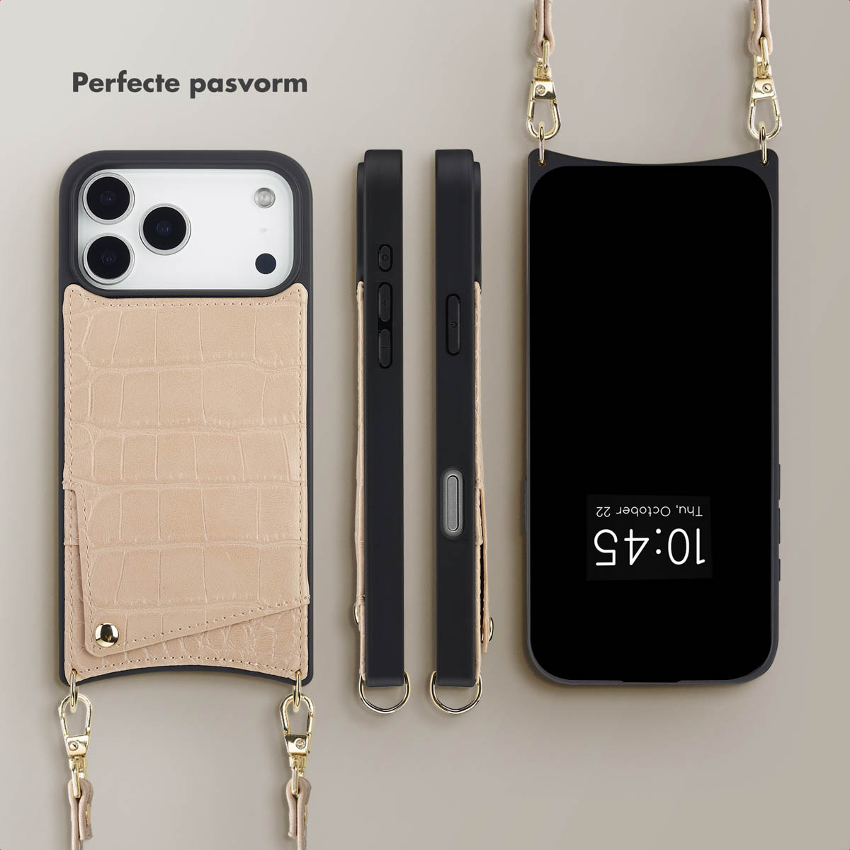 Verschillende telefoonhoesjes met bandjes. Eén hoesje heeft een beige portemonnee met krokodillenpatroon. Een ander toont een zwart telefoonscherm.