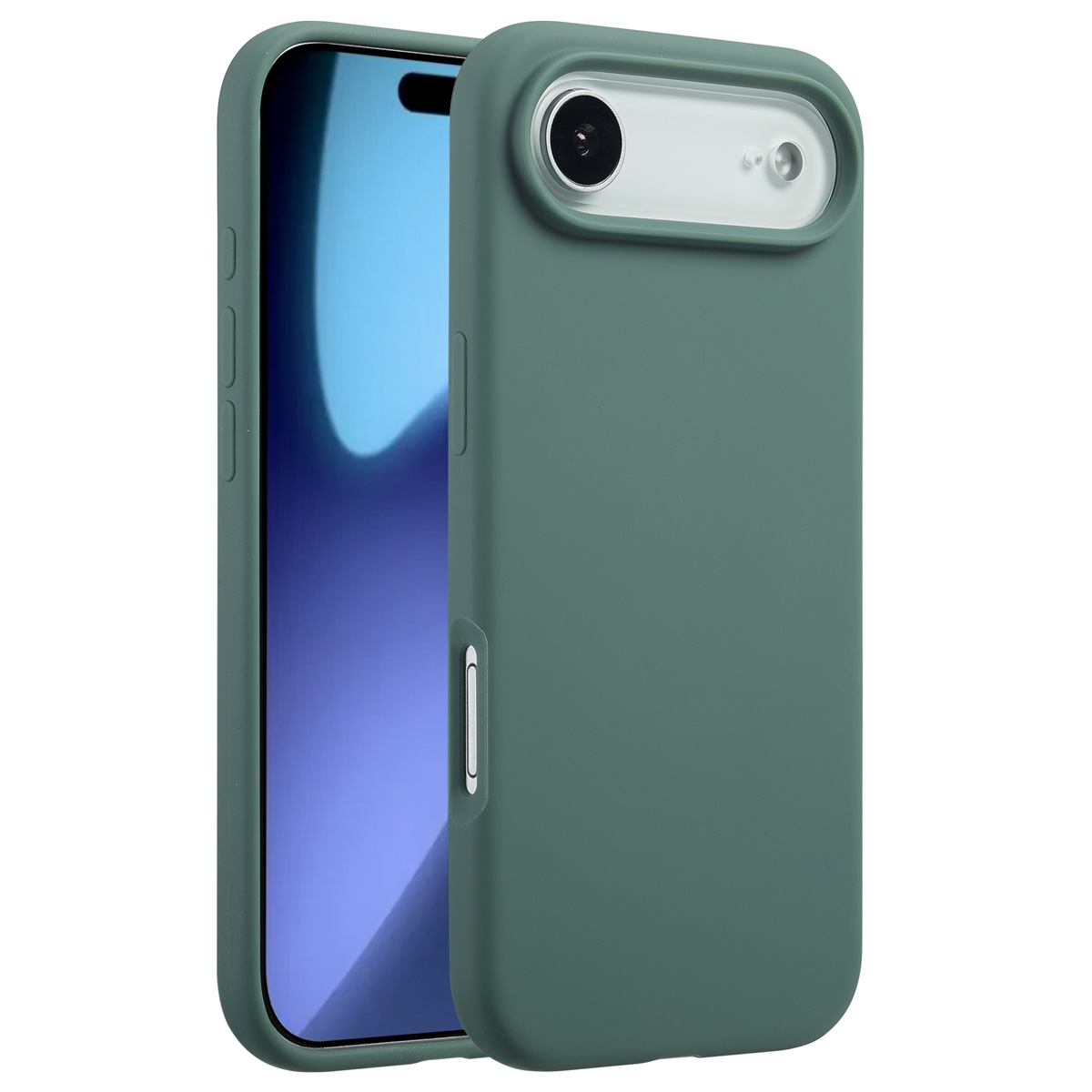 Een groene telefoonhoes met een uitsparing voor de camera wordt open getoond en onthult een blauw telefoonscherm. De hoes staat op een witte achtergrond.