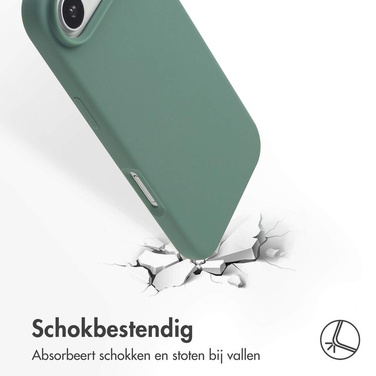 Een groene telefoonhoes breekt een oppervlak, met de tekst 'Schokbestendig' eronder. De hoes is schuin geplaatst en toont de schokbestendigheid.