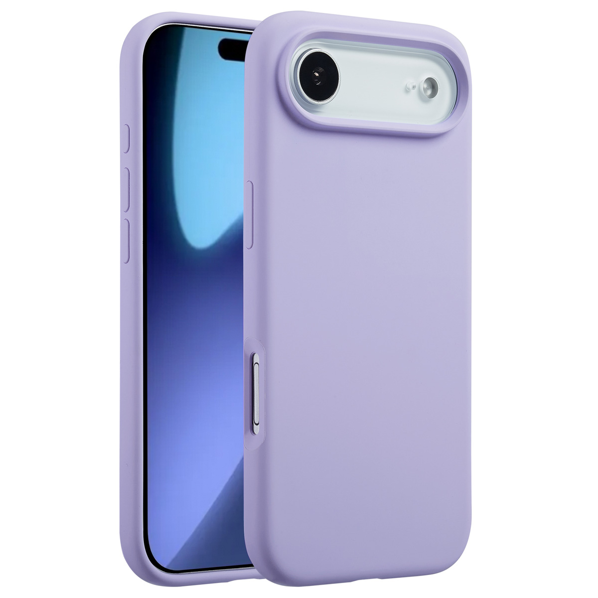 Een paarse telefoonhoes bedekt gedeeltelijk een telefoon. Het telefoonscherm toont een blauwe gradiënt. De hoes heeft uitsparingen voor camera en knoppen.