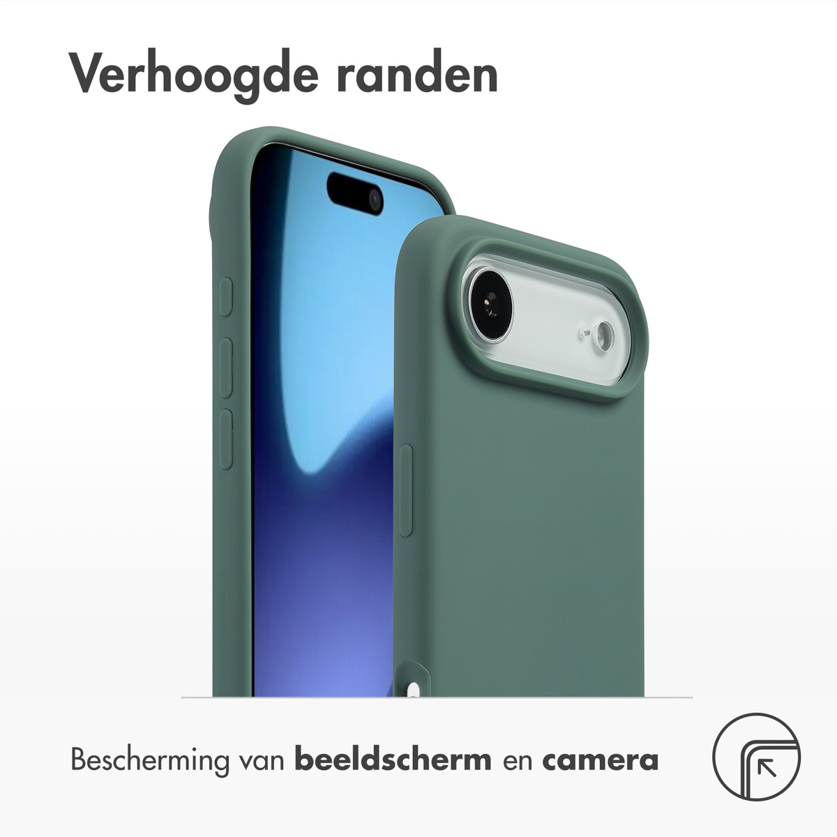 Een groene telefoonhoes beschermt een telefoon. Tekst luidt 'Verhoogde randen' en 'Scherm- en camerabescherming'.