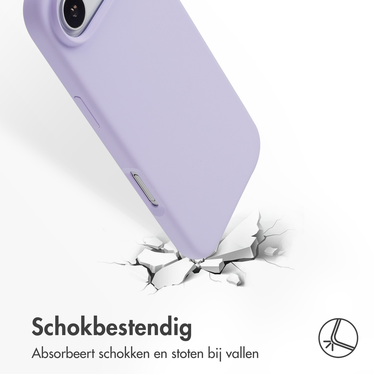 Een lichtpaarse telefoonhoes valt op een wit oppervlak en breekt het. Tekst: 'Schokbestendig' en 'Absorbeert schokken en stoten bij vallen'.