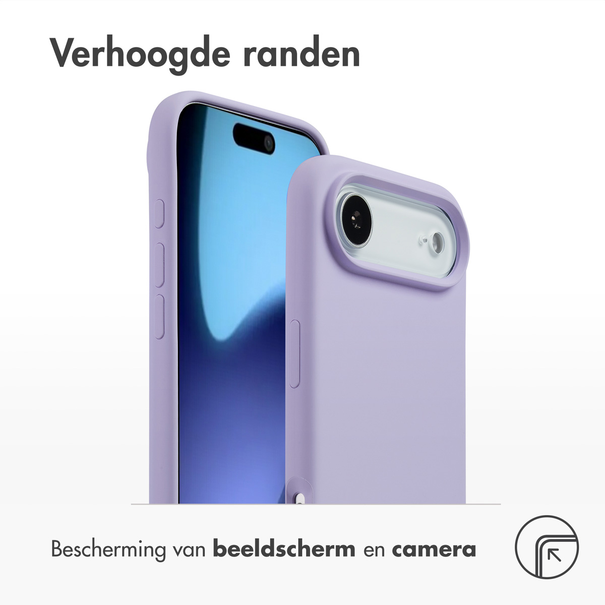 Een paarse telefoonhoes die een telefoon beschermt. De tekst luidt 'Verhoogde randen' en 'Bescherming van beeldscherm en camera'.