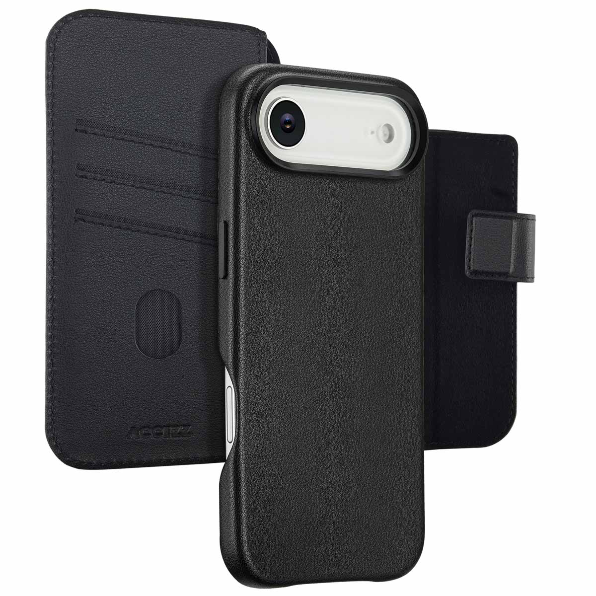 Custodia per telefono nera con design a portafoglio. Il telefono è visibile, con una fotocamera. La custodia è in pelle.
